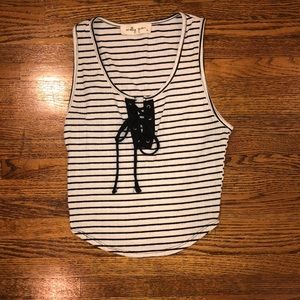Black and White Striped Lace up Tank